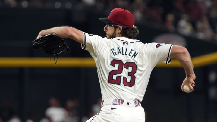 May 24, 2024; Phoenix, Arizona, USA; Arizona Diamondbacks pitcher Zac Gallen (23) throws against the Miami Marlins in the first inning at Chase Field. Mandatory Credit: Rick Scuteri-USA TODAY Sports