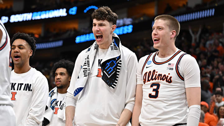 Mar 28, 2026; Houston, TX, USA; Illinois Fighting Illini center Zvonimir Ivisic (44) reacts in the second half against the Iowa Hawkeyes during an Elite Eight game of the South Regional of the men's 2026 NCAA Tournament at Toyota Center. Mandatory Credit: Maria Lysaker-Imagn Images Mar 28, 2026; Houston, TX, USA; Illinois Fighting Illini center Zvonimir Ivisic (44) reacts in the second half against the Iowa Hawkeyes during an Elite Eight game of the South Regional of the men's 2026 NCAA Tournament at Toyota Center. Mandatory Credit: Maria Lysaker-Imagn Images