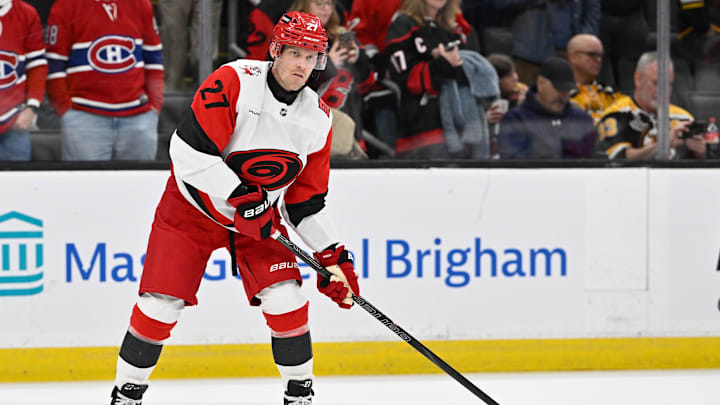 Nov 1, 2025; Boston, Massachusetts, USA; Carolina Hurricanes left wing Nikolaj Ehlers (27) warms up before a game against the Boston Bruins at TD Garden. Mandatory Credit: Eric Canha-Imagn Images