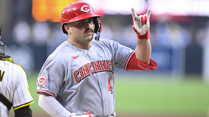 Sep 9, 2025; San Diego, California, USA; Cincinnati Reds third baseman Sal Stewart (43) gestures after hitting a solo home run during the first inning against the San Diego Padres at Petco Park. Mandatory Credit: Denis Poroy-Imagn Images Sep 9, 2025; San Diego, California, USA; Cincinnati Reds third baseman Sal Stewart (43) gestures after hitting a solo home run during the first inning against the San Diego Padres at Petco Park. Mandatory Credit: Denis Poroy-Imagn Images