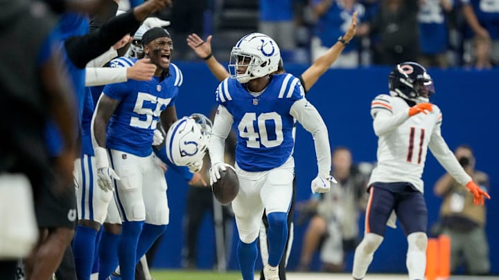 Indianapolis Colts cornerback Jaylon Jones (40) runs the sideline after intercepting a pass by the Chicago Bears on Sunday, Sept. 22, 2024, during a game at Lucas Oil Stadium in Indianapolis.