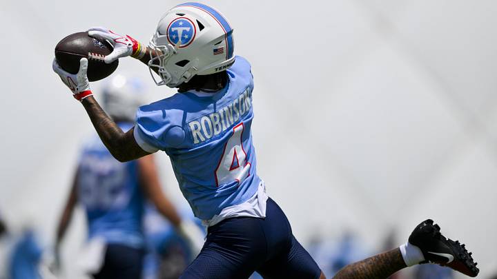 Jun 16, 2026; Nashville, TN, USA; Tennessee Titans wide receiver Wan'Dale Robinson (4) makes a catch during day 1 of mini-camp at Vanderbilt Health Football Center. Mandatory Credit: Steve Roberts-Imagn Images Jun 16, 2026; Nashville, TN, USA; Tennessee Titans wide receiver Wan'Dale Robinson (4) makes a catch during day 1 of mini-camp at Vanderbilt Health Football Center. Mandatory Credit: Steve Roberts-Imagn Images