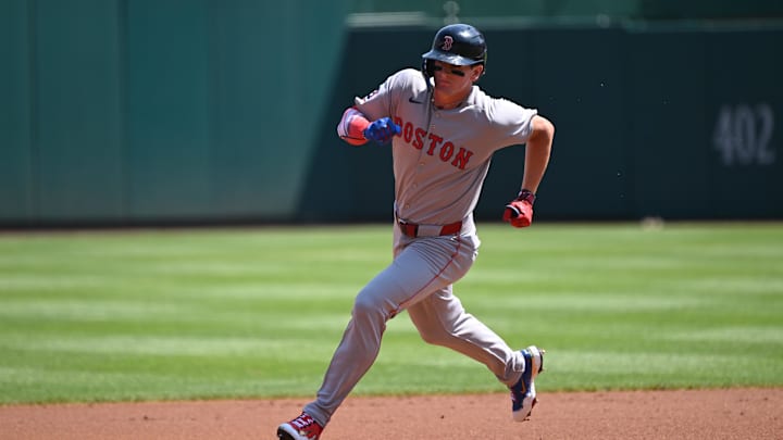 Jul 4, 2025; Washington, District of Columbia, USA; Boston Red Sox right fielder Roman Anthony (19) sprints towards third base against the Washington Nationals during the first inning at Nationals Park. Mandatory Credit: Rafael Suanes-Imagn Images