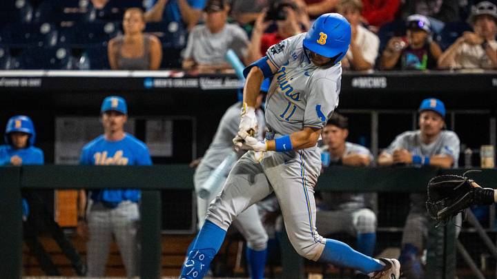 Jun 17, 2025; Omaha, Neb, USA; UCLA Bruins center fielder Payton Brennan