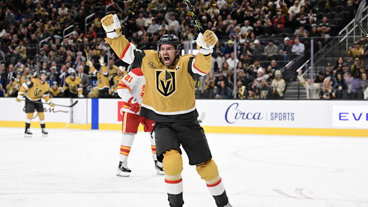 Oct 28, 2024; Las Vegas, Nevada, USA; Vegas Golden Knights right wing Mark Stone (61) celebrates his goal against the Calgary Flames in the second period at T-Mobile Arena. Mandatory Credit: Candice Ward-Imagn Images