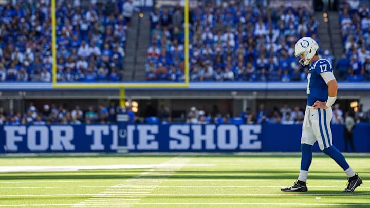 Indianapolis Colts quarterback Daniel Jones (17) walks across the field Sunday, Sept. 7, 2025, during the game at Lucas Oil Stadium in Indianapolis. The Indianapolis Colts defeated the Miami Dolphins, 33-8. Indianapolis Colts quarterback Daniel Jones (17) walks across the field Sunday, Sept. 7, 2025, during the game at Lucas Oil Stadium in Indianapolis. The Indianapolis Colts defeated the Miami Dolphins, 33-8.