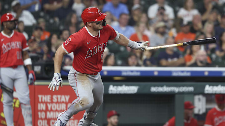 Apr 12, 2025; Houston, Texas, USA; Los Angeles Angels right fielder Mike Trout (27) reaches on a fielders choice during the fifth inning against the Houston Astros at Daikin Park. Mandatory Credit: Troy Taormina-Imagn Images