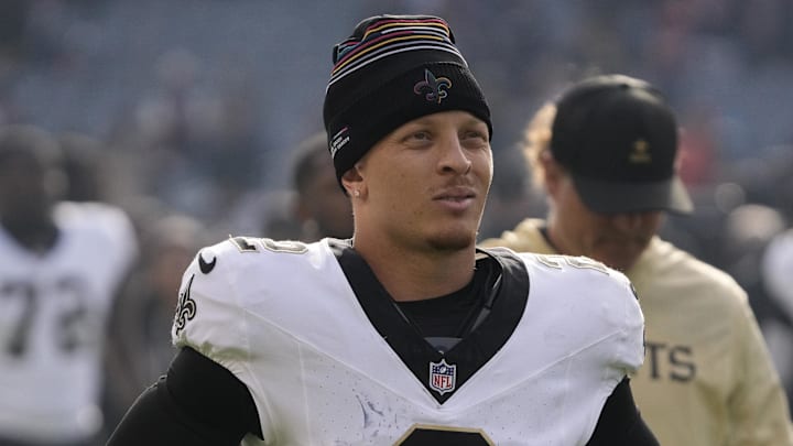 Oct 19, 2025; Chicago, Illinois, USA; New Orleans Saints quarterback Spencer Rattler (2) walks off the field after the game against the Chicago Bears at Soldier Field. Mandatory Credit: David Banks-Imagn Images