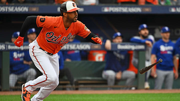 Oct 8, 2023; Baltimore, Maryland, USA; Baltimore Orioles center fielder Aaron Hicks (34) hits a two
