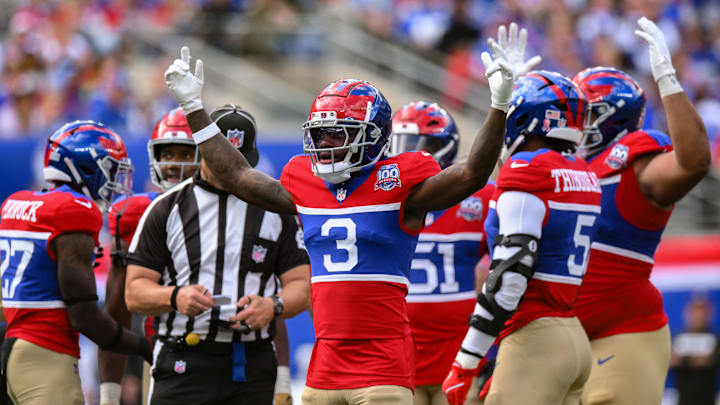 Sep 8, 2024; East Rutherford, New Jersey, USA; New York Giants cornerback Deonte Banks (3) reacts during the second half against the Minnesota Vikings at MetLife Stadium. Mandatory Credit: John Jones-Imagn Images