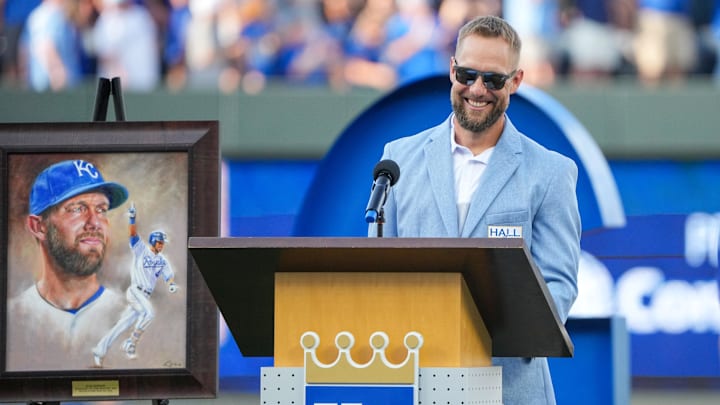 Former Kansas City Royals player Alex Gordon speaks during his hall of fame induction ceremony prior to a game between the Kansas City Royals and Athletics at Kauffman Stadium. Former Kansas City Royals player Alex Gordon speaks during his hall of fame induction ceremony prior to a game between the Kansas City Royals and Athletics at Kauffman Stadium.