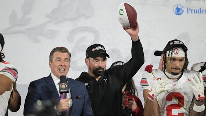 Ohio State Buckeyes head coach Ryan Day celebrates after defeating the Oregon Ducks in the 2025 Rose Bowl college football quarterfinal game at Rose Bowl Stadium.