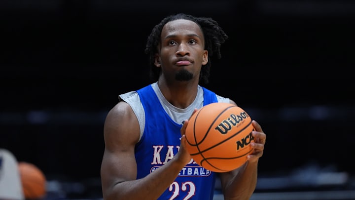 Mar 19, 2026; San Diego, CA, USA; Kansas Jayhawks guard Darryn Peterson (22) during a practice session ahead of the first round of the men's 2026 NCAA Tournament at Viejas Arena.