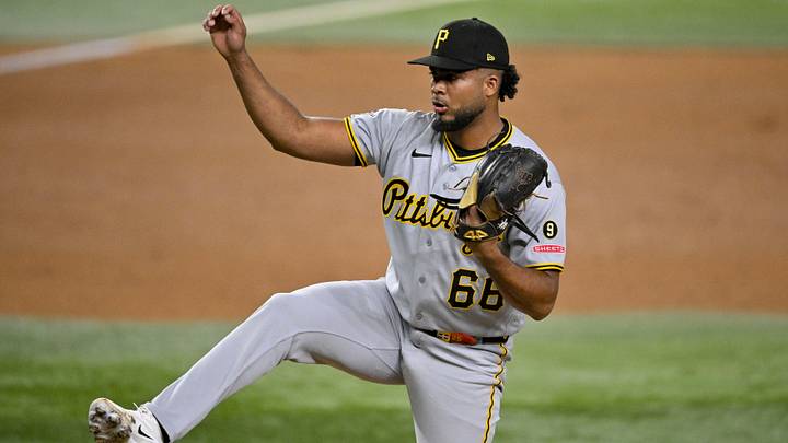 Apr 21, 2026; Arlington, Texas, USA; Pittsburgh Pirates relief pitcher Wilber Dotel (66) pitches during the game between the Rangers and the Pirates at Globe Life Field. Mandatory Credit: Jerome Miron-Imagn Images Apr 21, 2026; Arlington, Texas, USA; Pittsburgh Pirates relief pitcher Wilber Dotel (66) pitches during the game between the Rangers and the Pirates at Globe Life Field. Mandatory Credit: Jerome Miron-Imagn Images
