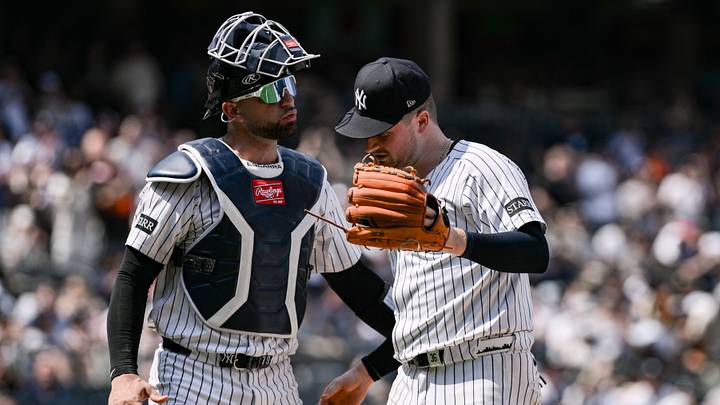Jun 21, 2025; Bronx, New York, USA; New York Yankees pitcher Clarke Schmidt (36) is greeted by catcher J.C. Escarra (25) after leaving the game in the seventh inning against the Baltimore Orioles at Yankee Stadium. Mandatory Credit: John Jones-Imagn Images Jun 21, 2025; Bronx, New York, USA; New York Yankees pitcher Clarke Schmidt (36) is greeted by catcher J.C. Escarra (25) after leaving the game in the seventh inning against the Baltimore Orioles at Yankee Stadium. Mandatory Credit: John Jones-Imagn Images