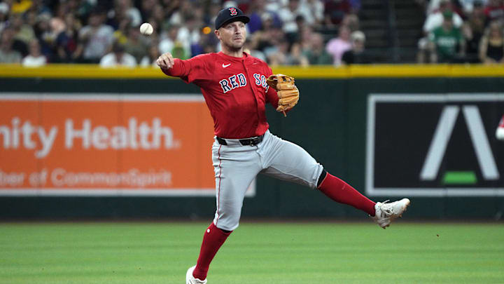 Sep 5, 2025; Phoenix, Arizona, USA; Boston Red Sox third base Alex Bregman (2) mkaes the off balance throw for an out against the Arizona Diamondbacks in the first inning at Chase Field. Mandatory Credit: Rick Scuteri-Imagn Images Sep 5, 2025; Phoenix, Arizona, USA; Boston Red Sox third base Alex Bregman (2) mkaes the off balance throw for an out against the Arizona Diamondbacks in the first inning at Chase Field. Mandatory Credit: Rick Scuteri-Imagn Images