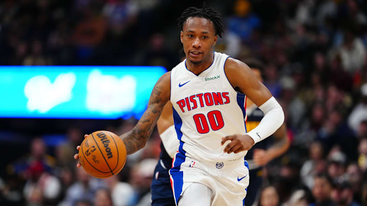 Dec 28, 2024; Denver, Colorado, USA; Detroit Pistons forward Ronald Holland II (00) : Ron Chenoy-Imagn Images