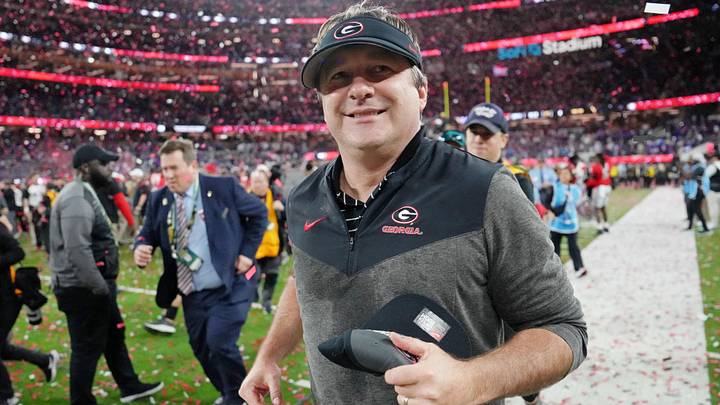 Jan 9, 2023; Inglewood, CA, USA; Georgia Bulldogs head coach Kirby Smart runs off the field after winning the CFP national championship game against the TCU Horned Frogs at SoFi Stadium. Mandatory Credit: Kirby Lee-USA TODAY Sports