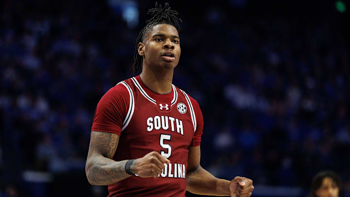 Feb 8, 2025; Lexington, Kentucky, USA; South Carolina Gamecocks forward Nick Pringle (5) reacts to the action during the first half against the Kentucky Wildcats at Rupp Arena at Central Bank Center. Mandatory Credit: Jordan Prather-Imagn Images