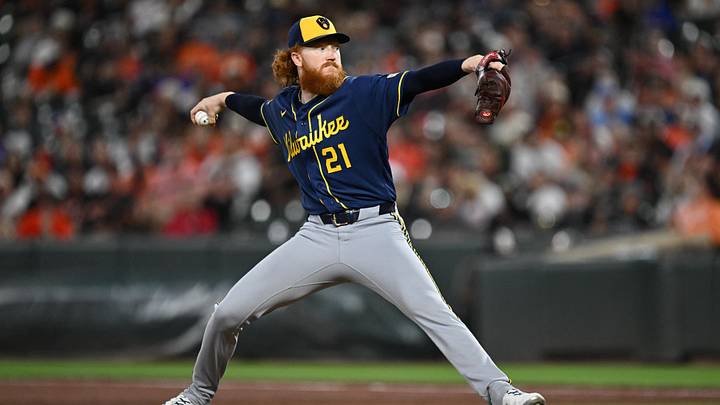 Sep 18, 2026; Baltimore, Maryland, USA;  Milwaukee Brewers pitcher Dustin May (21) pitches in the second inning against the Baltimore Orioles at Oriole Park at Camden Yards. Mandatory Credit: Jamie Sabau-Imagn Images