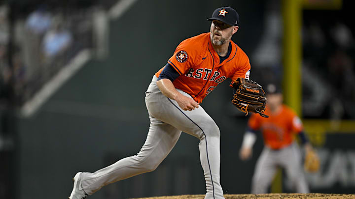 Aug 7, 2024; Arlington, Texas, USA; Houston Astros relief pitcher Ryan Pressly (55) in action during the game between the Texas Rangers and the Houston Astros at Globe Life Field.