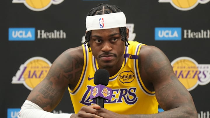 Sep 30, 2024; El Segundo, CA, USA; Los Angeles Lakers forward Jarred Vanderbilt (2) during media day at the UCLA Health Training Center. Mandatory Credit: Kirby Lee-Imagn Images