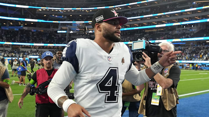 Oct 16, 2023; Inglewood, California, USA; Dallas Cowboys quarterback Dak Prescott (4) leaves the