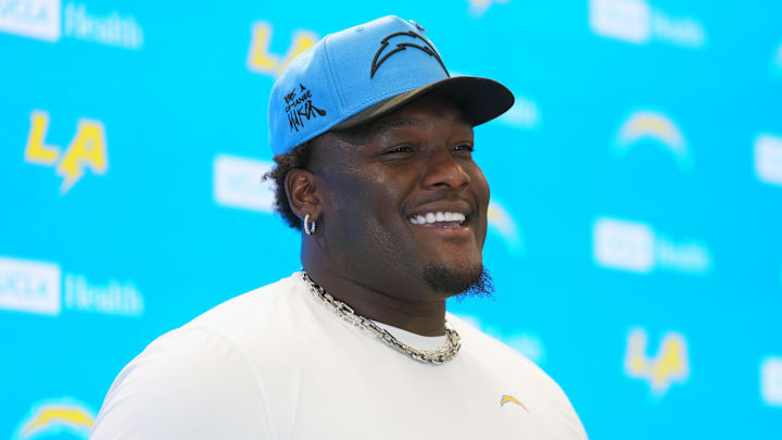 May 12, 2025; El Segundo, CA, USA; Los Angeles Chargers defensive tackle Naquan Jones at press conference during offseason workouts at The Bolt. Mandatory Credit: Kirby Lee-Imagn Images