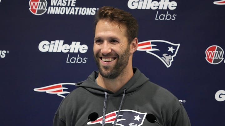 Oct 18, 2024; London, United Kingdom; New England Patriots special teams coordinator Jeremy Springer during press conference at the Harrow School. Mandatory Credit: Kirby Lee-Imagn Images