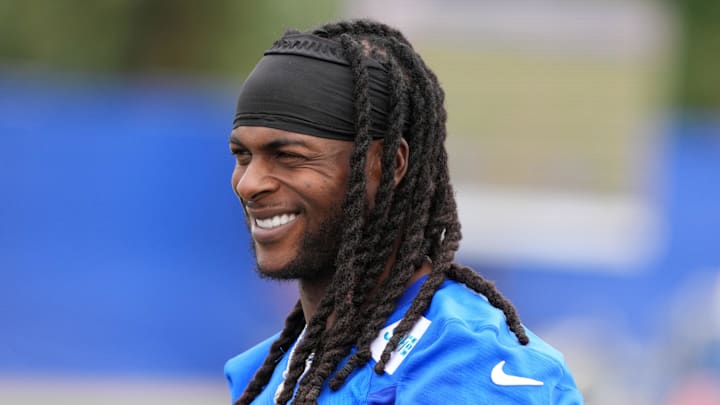 May 28, 2025; Woodland Hills, CA, USA; Los Angeles Rams receiver Davante Adams (17) during organized team activities at Rams Practice Facility. Mandatory Credit: Kirby Lee-Imagn Images