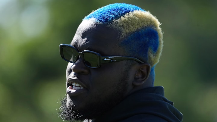 Jul 23, 2025; Los Angeles, CA, USA; Los Angeles Rams lineman Kevin Dotson (69) during training camp at Loyola Marymount University. Mandatory Credit: Kirby Lee-Imagn Images Jul 23, 2025; Los Angeles, CA, USA; Los Angeles Rams lineman Kevin Dotson (69) during training camp at Loyola Marymount University. Mandatory Credit: Kirby Lee-Imagn Images