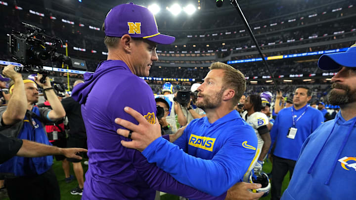 Oct 24, 2024; Inglewood, California, USA; Minnesota Vikings coach Kevin O'Connell (left) and Los Angeles Rams coach Sean McVay shake hands after the game at SoFi Stadium. Mandatory Credit: Kirby Lee-Imagn Images