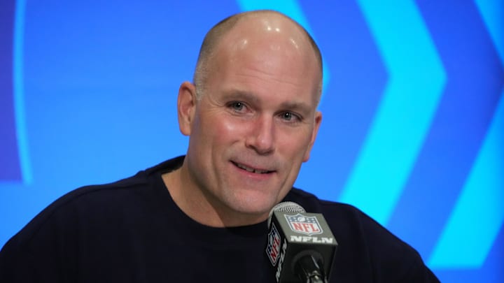 Feb 27, 2024; Indianapolis, IN, USA; Baltimore Ravens general manager Eric DeCosta speaks during a press conference during the NFL Scouting Combine at Indiana Convention Center. Mandatory Credit: Kirby Lee-Imagn Images