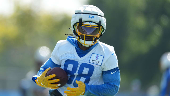 Jul 26, 2023; Costa Mesa, CA, USA; Los Angeles Chargers tight end Tre' McKitty during training camp at Jack Hammett Sports Complex. Mandatory Credit: Kirby Lee-Imagn Images Jul 26, 2023; Costa Mesa, CA, USA; Los Angeles Chargers tight end Tre' McKitty during training camp at Jack Hammett Sports Complex. Mandatory Credit: Kirby Lee-Imagn Images