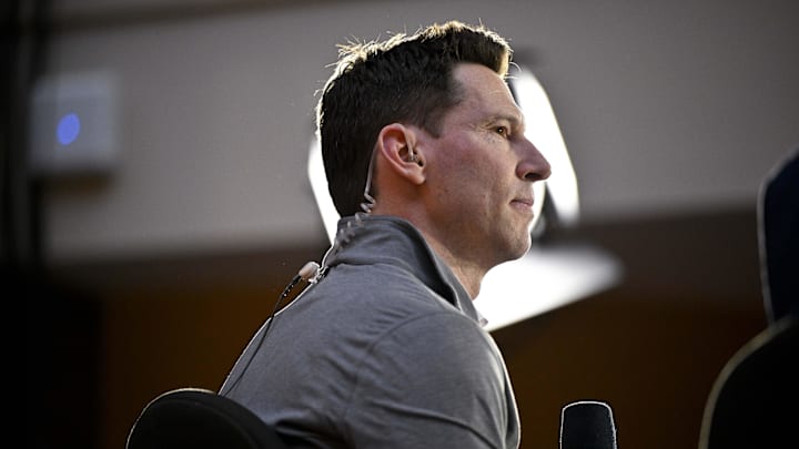 Dec 9, 2024; Dallas, TX, USA; Boston Red Sox chief baseball officer Craig Breslow speaks with the media 
at the Hilton Anatole during the 2024 MLB Winter Meetings. Mandatory Credit: Jerome Miron-Imagn Images