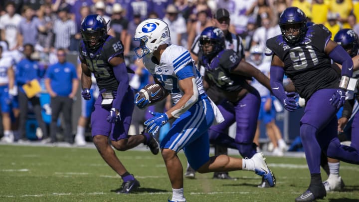Oct 14, 2023; Fort Worth, Texas, USA; Brigham Young Cougars running back LJ Martin (27) in action during the game between the TCU Horned Frogs and the Brigham Young Cougars at Amon G. Carter Stadium. Oct 14, 2023; Fort Worth, Texas, USA; Brigham Young Cougars running back LJ Martin (27) in action during the game between the TCU Horned Frogs and the Brigham Young Cougars at Amon G. Carter Stadium.
