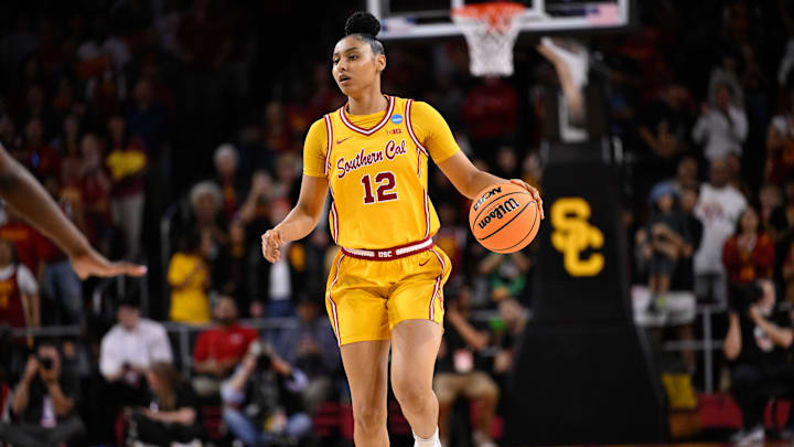 Mar 24, 2025; Los Angeles, California, USA; USC Trojans guard JuJu Watkins (12) during an NCAA Tournament second round game against the Mississippi State Bulldogs at Galen Center. Mandatory Credit: Robert Hanashiro-Imagn Images