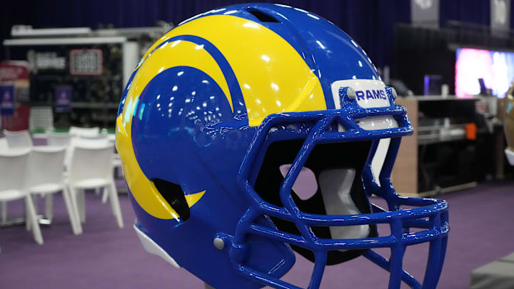 Feb 9, 2024; Las Vegas, NV, USA; A large Los Angeles Rams helmet at the NFL Experience at the Mandalay Bay South Convention Center. Mandatory Credit: Kirby Lee-Imagn Images Feb 9, 2024; Las Vegas, NV, USA; A large Los Angeles Rams helmet at the NFL Experience at the Mandalay Bay South Convention Center. Mandatory Credit: Kirby Lee-Imagn Images