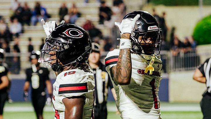 Corona Centennial's Kennie Leggett (19) and Quentin Hale (1) celebrating during a game against Servite on August 21, 2026. Corona Centennial's Kennie Leggett (19) and Quentin Hale (1) celebrating during a game against Servite on August 21, 2026.