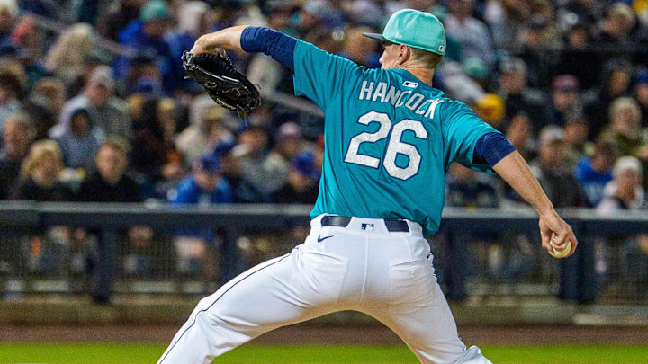 Seattle Mariners pitcher Emerson Hancock throws during a spring training game against the Los Angeles Dodgers on March 7 at Peoria Sports Complex. Seattle Mariners pitcher Emerson Hancock throws during a spring training game against the Los Angeles Dodgers on March 7 at Peoria Sports Complex.