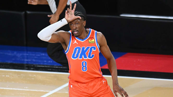 Dec 14, 2024; Las Vegas, Nevada, USA; Oklahoma City Thunder forward Jalen Williams (8) reacts during the third quarter against the Houston Rockets in a semifinal of the 2024 Emirates NBA Cup at T-Mobile Arena. Mandatory Credit: Candice Ward-Imagn Images