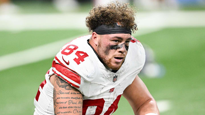 Nov 23, 2025; Detroit, Michigan, USA; New York Giants tight end Theo Johnson (84) reacts after the game against the Detroit Lions at Ford Field.  