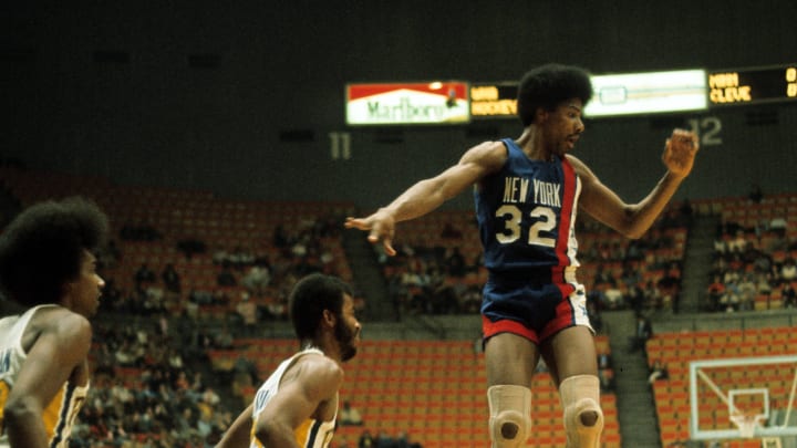 Unknown date and unknown location; USA; FILE PHOTO; New York Nets forward Julius Erving (32) during an ABA game. Mandatory Credit: Malcolm Emmons-USA TODAY Network.