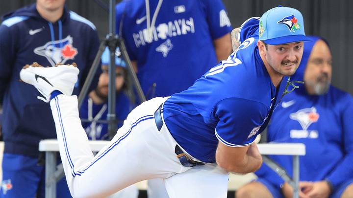 Toronto Blue Jays pitcher Connor Seabold (91) throws a bullpen session for spring training practice.