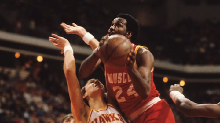 Unknown date and unknown location; USA; FILE PHOTO; Houston Rockets center Moses Malone (24) against the Atlanta Hawks forward Steve Hawes (10). Mandatory Credit: Malcolm Emmons-USA TODAY Network.