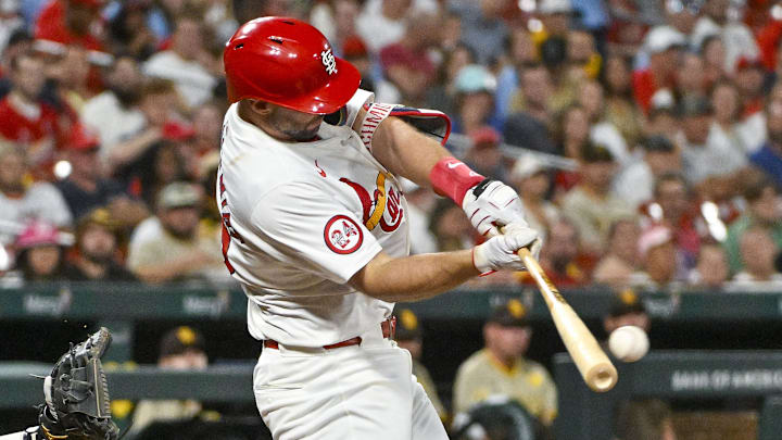Aug 28, 2024; St. Louis, Missouri, USA; St. Louis Cardinals first baseman Paul Goldschmidt (46) hits a one run single against the San Diego Padres during the fourth inning at Busch Stadium. Mandatory Credit: Jeff Curry-Imagn Images Aug 28, 2024; St. Louis, Missouri, USA; St. Louis Cardinals first baseman Paul Goldschmidt (46) hits a one run single against the San Diego Padres during the fourth inning at Busch Stadium. Mandatory Credit: Jeff Curry-Imagn Images