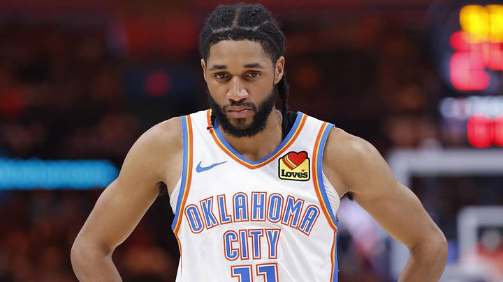 Mar 30, 2026; Oklahoma City, Oklahoma, USA; Oklahoma City Thunder guard Isaiah Joe (11) walks down the court during the second half against the Detroit Pistons at Paycom Center. Mandatory Credit: Alonzo Adams-Imagn Images