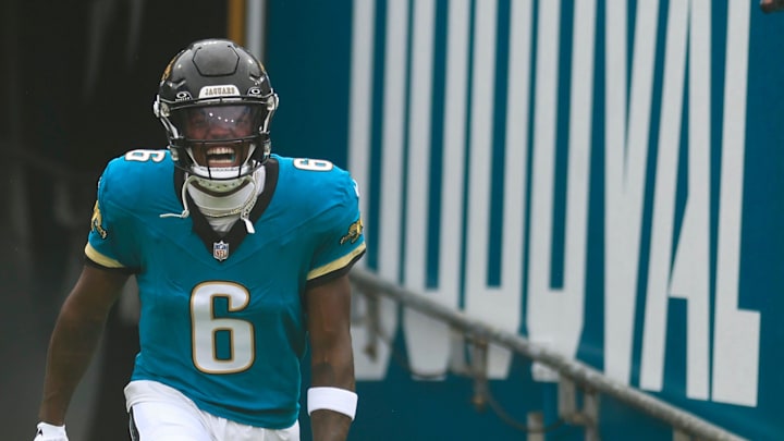 Jacksonville Jaguars safety Darnell Savage (6) is introduced before an NFL football matchup Sunday, Oct. 6, 2024 at EverBank Stadium in Jacksonville, Fla. The Jaguars edged the Colts on a field goal 37-34. [Corey Perrine/Florida Times-Union]