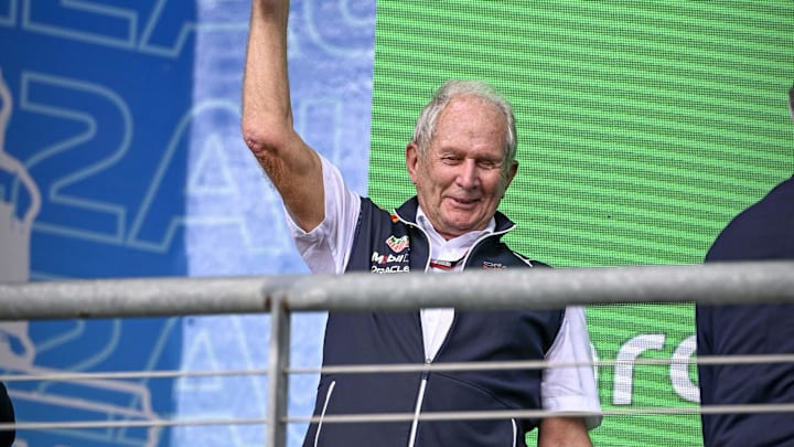 Oct 23, 2022; Austin, Texas, USA; Helmut Marko of Red Bull Racing Team holds up the World