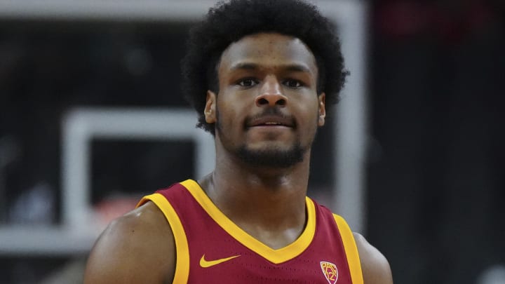 Mar 13, 2024; Las Vegas, NV, USA; Southern California Trojans guard Bronny James (6) looks on against the Washington Huskies at T-Mobile Arena. Mandatory Credit: Kirby Lee-USA TODAY Sports Mar 13, 2024; Las Vegas, NV, USA; Southern California Trojans guard Bronny James (6) looks on against the Washington Huskies at T-Mobile Arena. Mandatory Credit: Kirby Lee-USA TODAY Sports